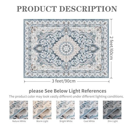 Foxmas Small Rugs for Entryway 2x3 Feet, Non-Slip Doormat Indoor Entrance Vintage Washable Area Rug, Low Pile Throw Rugs for Entryway Bedroom Kitchen Living Room, Blue - color: Blue, size: 2' X 3' (Rectangular)