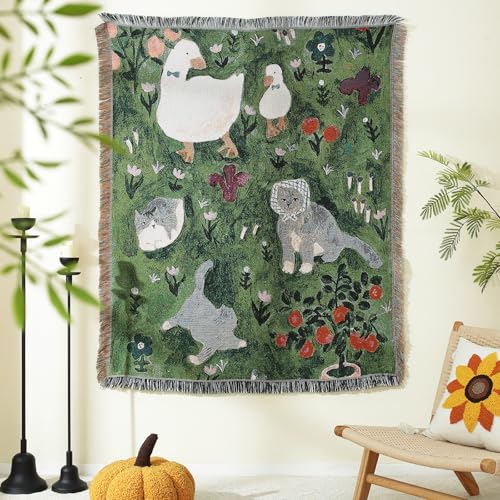 Hopstar Woven Tapestry Blanket with Tassels Hippie Room Decor Boho Cotton Throw Blanket for Couch Bed Outdoor Double Sided (Healing Kitten, 51"x63") - color: Healing Kitten