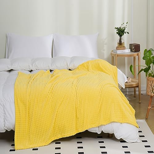 Puncuntex Yellow Throw Blanket 50"×60",Super Soft Flannel Fleece Plush Cozy Blanket with 3D Jacquard Square Grid Design Luxury for Couch Sofa Chair - color: Bright Yellow, size: 50"×60"