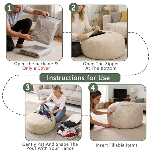 Thgonwid Round Unstuffed Pouf Cover, Faux Leather Storage Ottoman, Boho Moroccan Foot Stool, Multi-Purpose Home Decor for Living Room, Bedroom and Balcony, Mushroom Color, No Filling Included - color: Mushroom（no Stuffing）