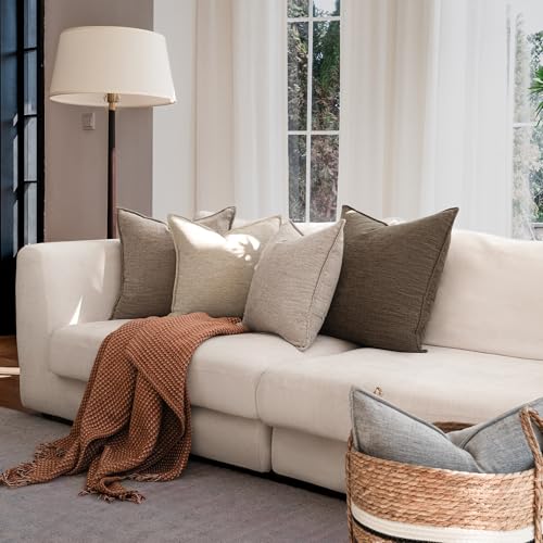 Chenille Linen Throw Pillow Covers 18x18 Set of 2, Thick Textured Boho Pillow Covers, Farmhouse Decorative Pillow Covers, Neutral Vintage Accent Covers for Couch Sofa Bed, Light Brown - color: Light Brown, size: 18" x 18" (Pack of 2)