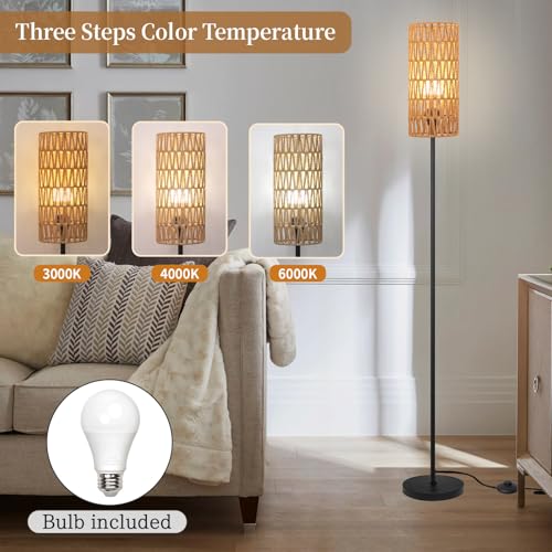 Ruiever Floor Lamp for Living Room,Farmhouse Rattan Floor lamp,Modern Standing lamp with Hand-Worked Rattan Shade,Black Tall Lamp with Foot Switch for Bedroom,Kids Room,Office,LED Bulb is Included. - style: Round Rattan Shade-3 Color Bulb