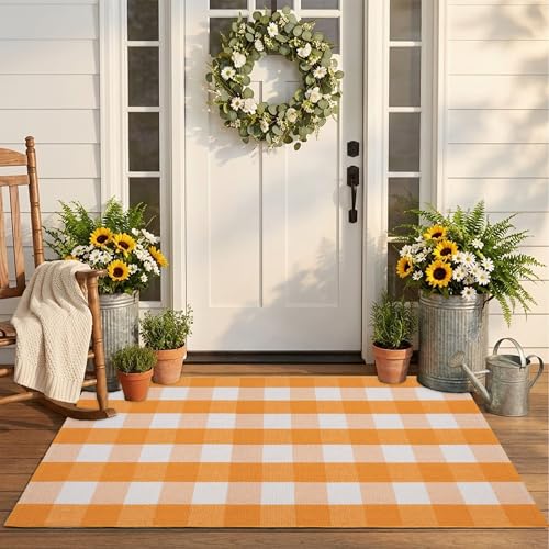 Spring Yellow and White Plaid Rug, 3' x 5' Cotton Blend Layered Doormat for Front Door, Hand-Woven Washable Entryway & Porch Decor - color: Pumpkin Yellow and White, size: 3' x 5'