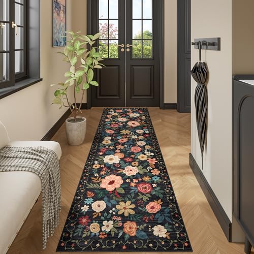 DUKINO Runner Rug, 2x10 Kitchen Runner Rug for Hallway with Non Slip Backing, Washable Low Pile Soft Boho Floral Carpet for Kitchen, Entryway, Hallway, Laundry, Bedroom, Black - color: Black, size: 2' x 10' (Rectangular)