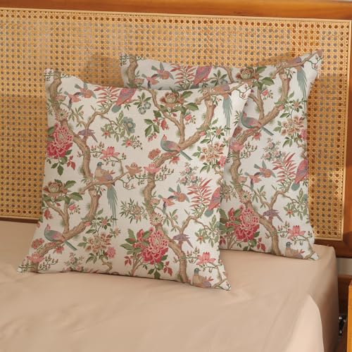 Preppy Pink Chinoiserie Pillow Covers 16x16 Inch 2 Pcs Brown Bird Floral Decor Throw Pillows Vintage Flower Spring Summer Outdoor Decoration Pillowcase Linen Cushion Cover for Couch Sofa - color: Preppy Pink Flower Birds, size: 16" x 16" (Pack of 2)