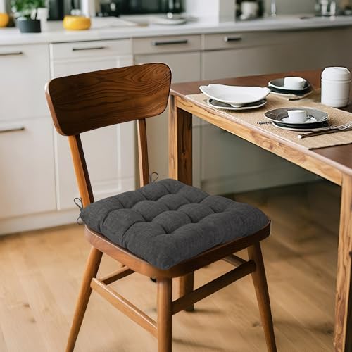 ELFJOY 4 Pack Chair Cushions for Dining Chairs Chair Pads Cushion for Kitchen Office Tufted Textured Square Seat Cushion with Ties (16" Dark Grey) - color: Dark Grey