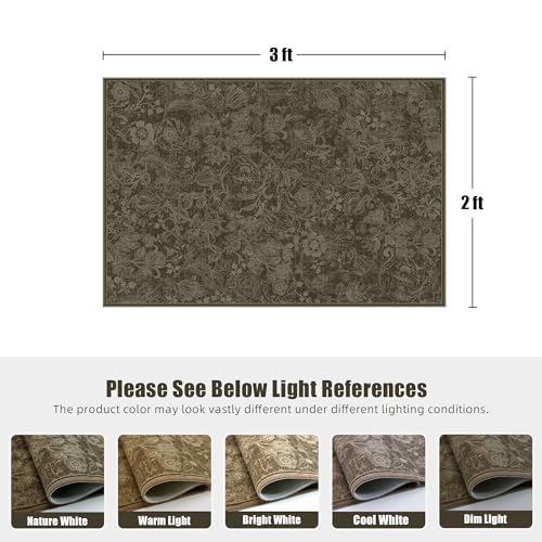 Washable Floral Area Rug 2x3, Vintage Farmhouse Botanical Rug, Non Slip Low Pile Thin Floor Soft Small Accent Rug for Entryway Bedroom Living Room Kitchen Doorway Stain Resistant Coffee - color: Coffee, size: 2'x3'