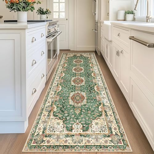 Washable Runner Rug 2'x8',Green Rug Runners Non Slip,Long Boho Rugs for Hallways Kitchen Bathroom Bedroom Entryway,Vintage Bohemian Distressed Floor Carpet,Retro Sage Floral - color: Green, size: 2'x8'