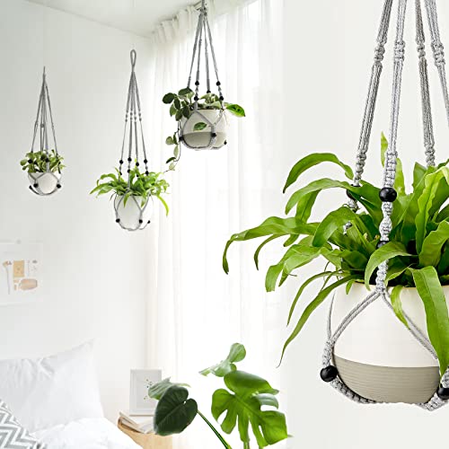 Mkono 3 Pack Macrame Plant Hangers Indoor Different Size Hanging Planter Basket Flower Pot Holder with Beads No Tassels 35"/29"/23", Medium, Grey - color: Gray, size: Medium