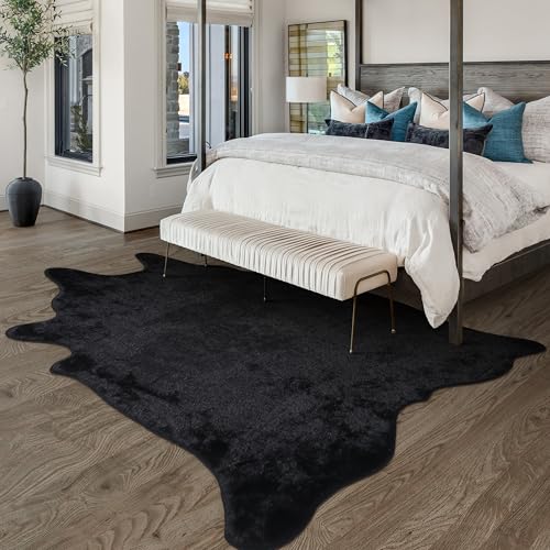 Black Faux Fur Cowhide Rug, Cow Hide Cow Print Rug for Living Room Bedroom 4.6x5.2 Feet - Animal Print Cow Skin Rustic Western - color: Black, size: 4'7" x 5'2" (Rectangular)