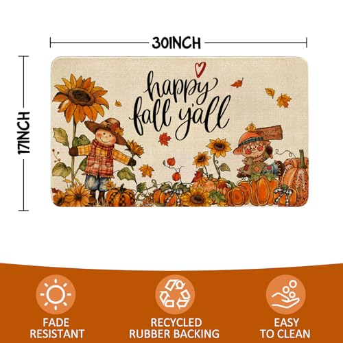 Fall Door Mat Outside,Happy Fall Y'all Scarecrow Pumpkins Welcome Mat for Front Door,Thanksgiving Autumn Doormat Indoor Outdoor Non-Slip Rugs for Farmhouse Home Porch Decorations 30" x 17" - color: Fall 5