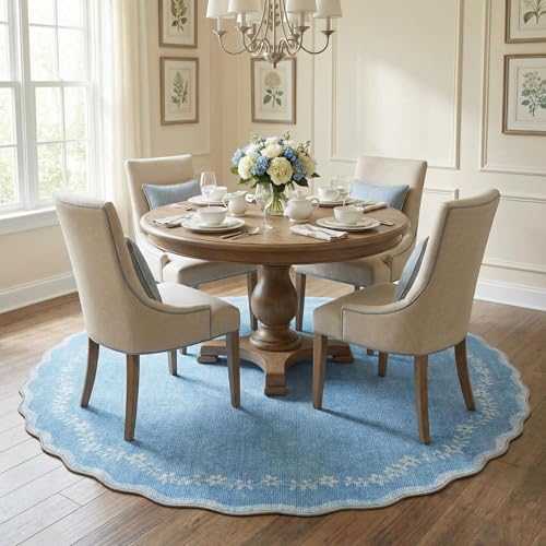 GarveeHome Round Area Rugs 4ft for Kids Room, Solid Blue Scalloped Washable Circle Rug Soft Non Slip Floral Print Floor Mat Carpet Indoor Thin Tent Rug for Bedroom Dining Room Playroom Nursery - color: Baby Blue, size: 4' (Round)
