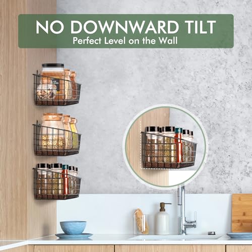 Wall Hanging Baskets 3 Pack, Diversified Wire Basket Shelves of Wooden Style, with Wall Mounted Hooks & Traceless Stickers, for Kitchen Coffee Bar Office Room Garage Storage Organization (Extra Large) - size: Extra Large