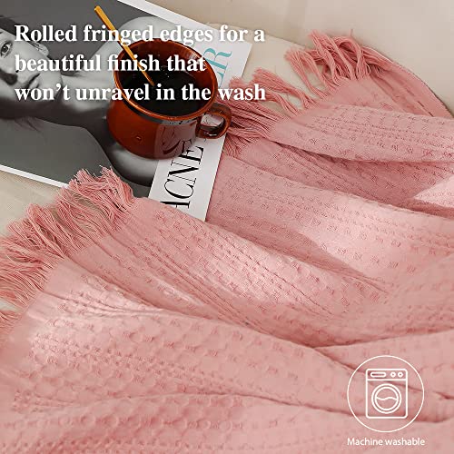Simple&Opulence 100% Cotton Throw Blanket for Couch, Bed, Waffle Weave Cable Knit Blanket with Tassels, Soft Lightweight Pre-Washed Breathable Cozy Blanket Farmhouse Decoration for All-Season (Pink) - color: Coral Pink