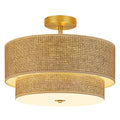 16 Inch Woven Rattan Linen Semi Flush Mount Ceiling Light Fixture, Modern Boho Drum Lamp for Bedroom, Kitchen, Dining Room, Living Room, Hallway, Entryway, Farmhouse Gold Wicker Chandelier - color: Brown