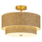 16 Inch Woven Rattan Linen Semi Flush Mount Ceiling Light Fixture, Modern Boho Drum Lamp for Bedroom, Kitchen, Dining Room, Living Room, Hallway, Entryway, Farmhouse Gold Wicker Chandelier - color: Brown
