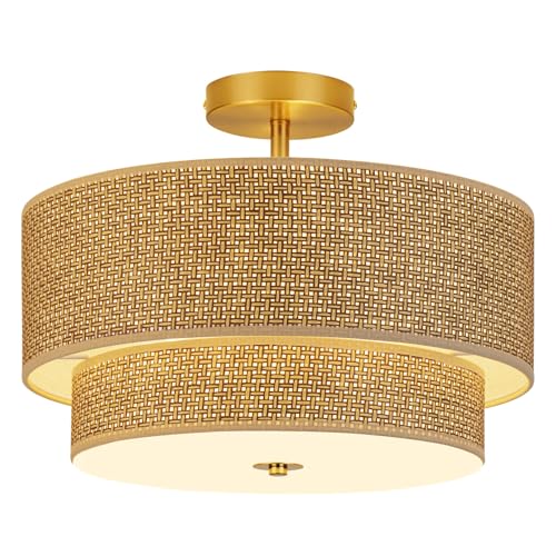 16 Inch Woven Rattan Linen Semi Flush Mount Ceiling Light Fixture, Modern Boho Drum Lamp for Bedroom, Kitchen, Dining Room, Living Room, Hallway, Entryway, Farmhouse Gold Wicker Chandelier - color: Brown