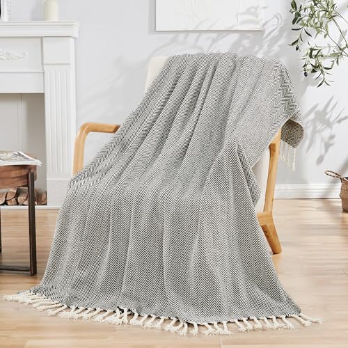 Herringbone Knitted Two Tone Throw Blankets with Braided Tassel Fringe, Boho Farmhouse Lightweight Turkish Throw Blanket for Couch Bed Sofa, Picnic, Yoga, Outdoor Blanket, 50 x 60 Inch, Coffee Brown - color: Coffee Brown