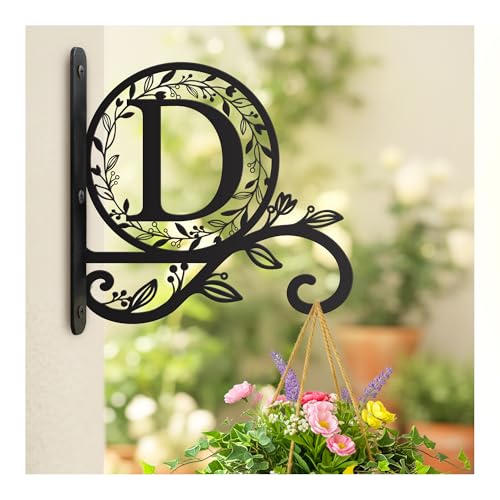 Metal Initial Letter D Plant Hanger Bracket, Decorative Wall Mount Hanging Plant Hook, Monogram Floral Leaf Garden Decor for Hanging Baskets, Bird Feeders, Lanterns, Wind Chimes - style: D