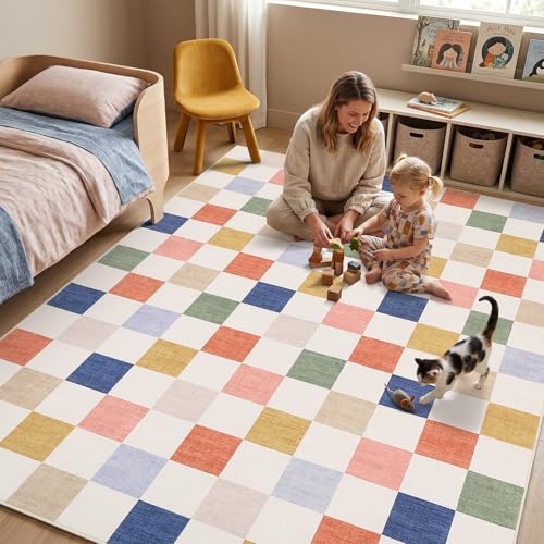GarveeHome Checkered Nursery Kids Boy Playroom 5x7 Washable Rug Geometric Modern Soft Low-Pile Stain Resistant Rug for Bedroom Living Room Entryway Non-Slip TPE Backing - color: Colorful, size: 5' x 7' (Rectangular)