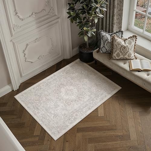 PureCozy Gray 2x3 Entryway Area Rug Washable Vintage Door Mat Non Slip Low Pile Carpet Indoor Soft Retro Mat Oriental Medallion Grey Accent Throw Rug for Bathroom Office Bedroom Living Room - color: Grey, size: 2' x 3' (Rectangular)