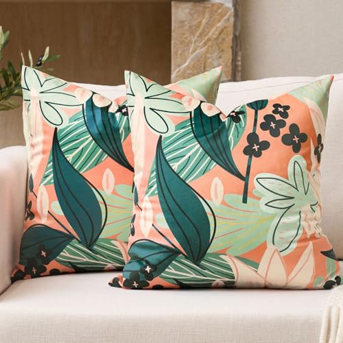 Tyrot Boho Floral Velvet Throw Pillow Covers 16x16 Inch Set of 2 Farmhouse Cushion Covers Mid Century Modern Botanical Home Decor Accent Pillow Cases for Couch Bed Sofa Living Room, Bedroom, Coral - color: Coral Breeze, size: 16" x 16" (Pack of 2)