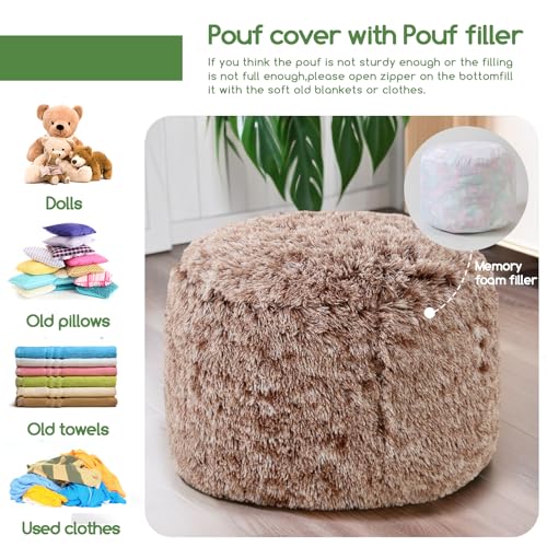HIGOGOGO Round Stuffed Pouf Ottoman, Long Faux Fur Poufs with Foam Chunk Filling, Fluffy and Furry Pouf Foot Stool Storage Ottoman, 26 X 18 Floor Poufs Foot Rest for Living Room,Coffee - color: Brown, size: 26INCH