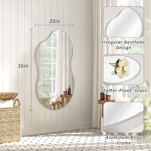 JJUUYOU Bathroom Wall Mirrors Irregular Mirrors for Wall Large Brushed Metal Frame 20"x36" Vanity Wall Mounted Mirror for Living Room Bedroom Entryway Vanity Home Decor Silver - color: Silver, size: 36"L x 20"W