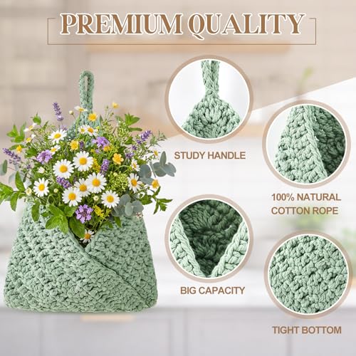 Honeydak Boho Decor Hanging Wall Baskets for Kitchen 3 Pack Teardrop Baskets with Hooks Storage Fruit Onion Vegetable Potato for Home 3 Sizes(Sage Green,Triangle,Cotton Rope) - color: Sage Green, size: Cotton Rope, style: Triangle