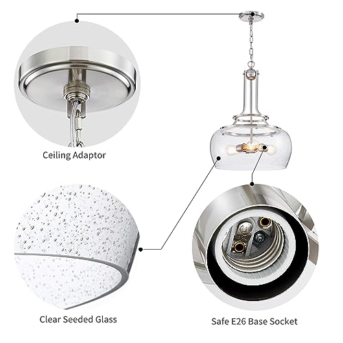 WUZUPS Chandelier Rustic Farmhouse Industrial Round Ceiling Pendant LED Light Fixture Clear Seeded Glass Shade for Dining Room Kitchen Island Foyer Entryway, H 20.9" x W 15.9", Brushed Nickel - color: Pendant Light, Brushed Nickel, 3-Light, size: H 20.9"