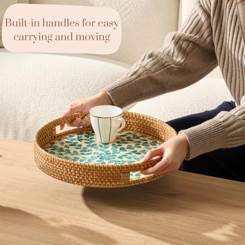 YANGQIHOME Round Rattan Tray with Handle, Mother of Pearl Inlay Decorative Wicker Basket for Coffee, Bread, Fruits, Serving Tray for Home Decor, Blue Clover - color: Blue Clover, size: 13.8"