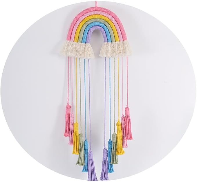 Rainbow Macrame Wall Hanging - Hand-Woven Cotton Tassel Tapestry Decor for Baby Room, Nursery, and Home Decor (Pink Rainbow)