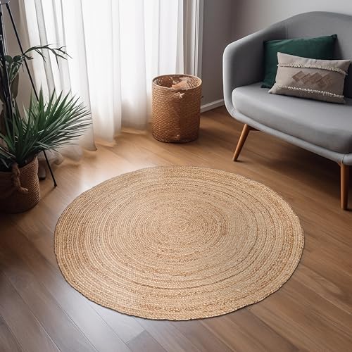 Hausattire Hand Woven Jute Braided Rug, 3’ Round – Natural, Reversible Boho Entry Area Rugs for Kitchen, Living Room I Farmhouse Decorative Floor Rug, 3 Feet Round - color: Natural, size: 3' (Round)