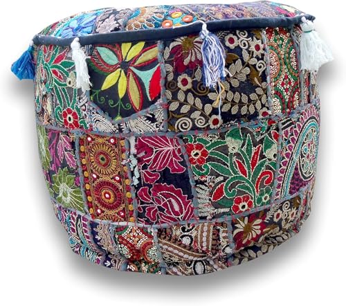 Indian Pouf Footstool Ethnic Embroidered Pouf Cover, India Cotton Round Pouffe Ottoman Pouf Cover Pillow Ethnic Decor Art-Cover Only-Indian Ottoman poufs - color: Dark Blue, size: 18"D x 18"W x 14"H