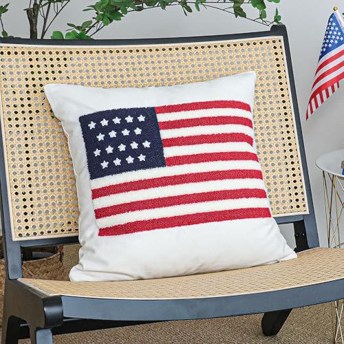 Jonhier 4th of July Throw Pillow Cover, Independence Day Patriotic Throw Pillow Case Tufted American Flag Pattern, Textured Cushion Cases Memorial Day Flag Day Decor for Sofa Bed (White, 18” x 18”) - color: White