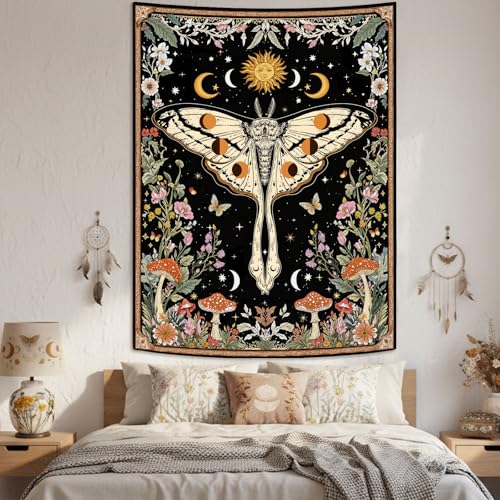 Aipon Boho Moth Tapestry Vintage Floral Flowers Tapestries Aesthetic Retro Mushroom Tapestries for Bedroom Sun and Moon Indie Large Tapestry Wall Hanging for Living Room Dorm 80 x 60 Inch - color: Black Mushroom Moth, size: 80"L x 60"W
