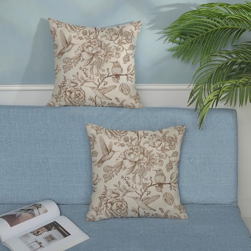 Chinoiserie Brown Throw Pillow Covers 18x18 Inch 2 Pcs Vintage Brown Floral Bird Outdoor Decor Pillow Covers Flower Spring Fall Seasonal Decorative Pillowcase Linen Cushion Cover for Couch Sofa - color: Brown Floral Bird, size: 18" x 18" (Pack of 2)