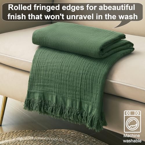Cotton Muslin Throw Blanket with Tassels, Lightweight Woven Gauze, Pre-Washed Breathable Farmhouse Decor for Bed, Couch, All-Season Use (Olive Green, 50" x 60") - color: Olive Green, size: 50" x 60"