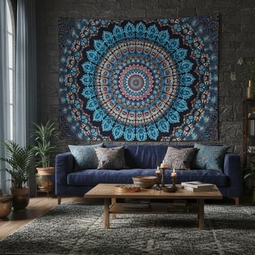 Motanber Blue Mandala Tapestry Wall Hanging Vintage Medallion Tapestry Aesthetic Hippie Boho Floral Cool Cute Large Tapestries for Bedroom Living Room Dorm Wall Decor 80 x 60 Inch - color: Navy Blue, size: 80"L x 60"W