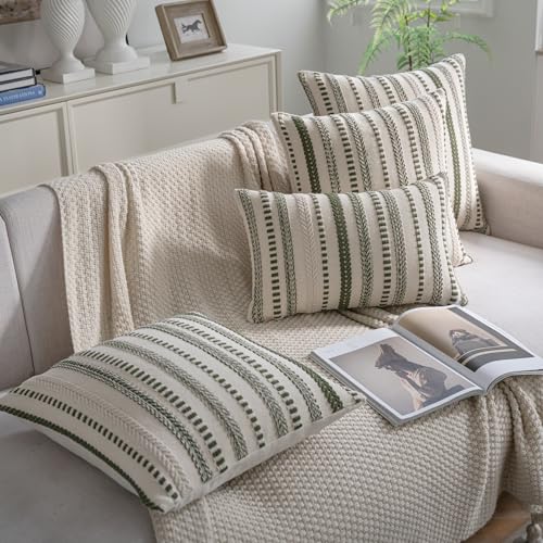 Cethom Green Boho Throw Pillow Covers 22x22 Inch Set of 2, Stripe Textured Decorative Couch Pillow Cases for Bed, Sofa, Living Room, Bedroom, Farmhouse Home Accent Cushion Covers - color: Green, size: 22" x 22" (Pack of 2)