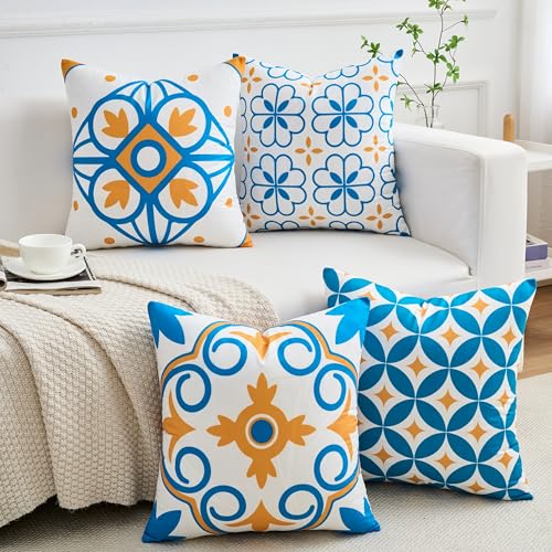 Set of 4 Boho Throw Pillow Covers 18x18 Inch, Blue Orange Pattern Decorative Pillow Case Soft Square Velvet Cushion Covers for Couch, Sofa, Living Room, Bedroom, Patio, Porch, Outdoor Home Décor - color: Tile Geo, size: 18" x 18" (Pack of 4)