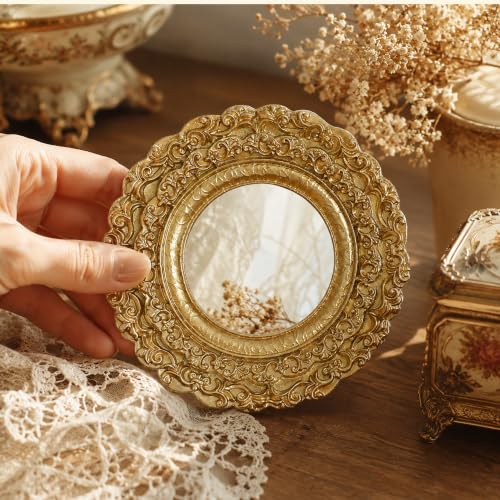 Golden Mini Vintage Mirror with Exquisite Relief Elegant Wall Decor for Bedroom Dresser Table Compact Resin Retro Design (Gold Round, 5X5) - color: Gold Round