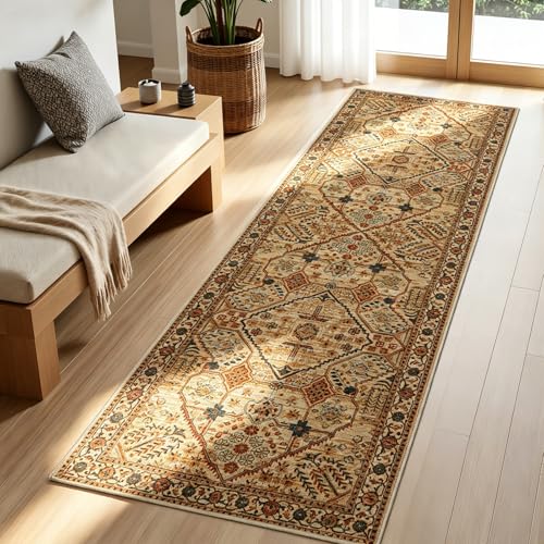 Joydeco Washable 2x5 Hallway Runner Rug Vintage, Tan | Water Resistant Low Pile Non Slip Backing for Kitchen Entryway Bedroom Bathroom Dining Room - color: Tan, size: 2' x 5' (Rectangular)