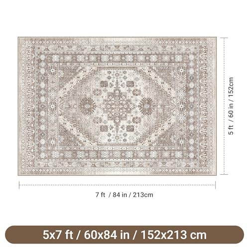 befbee 5x7 Area Rugs for Living Room,Stain Resistant Washable Rug,Non-Slip Backing Rugs for Bedroom,Kitchen,Printed Vintage Home Decor Rug (Brown/Beige, 5'x7') - color: Brown/Beige, size: 5' x 7' (Rectangular)
