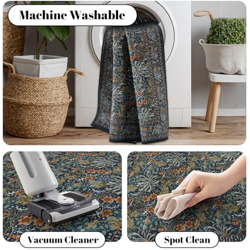 Uphome Botanical Floral Runners for Hallways, 2'6x8 Washable Kitchen Runner Rugs Non Slip, Long Soft Entryway Runner Rug Low Pile, Vintage Floor Carpet for Hallways Bedroom Bathroom, Green/Navy