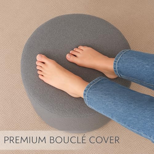 Grey Round Ottoman Foot Rest Stool – Modern Boucle Fabric Footstool with Soft Foam Filling, Lightweight Pouf for Living Room, Bedroom, Home Office – Neutral Grey - color: Grey