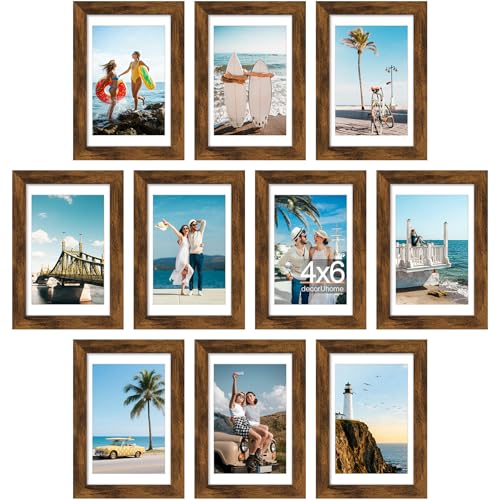 decorUhome 4x6 Picture Frame Set of 10, Display Photos 3.5x5 with Mat or 4x6 Unmatted for Picture Frames Collage Wall Decor, Distressed Brown - color: Distressed Brown, size: 4x6