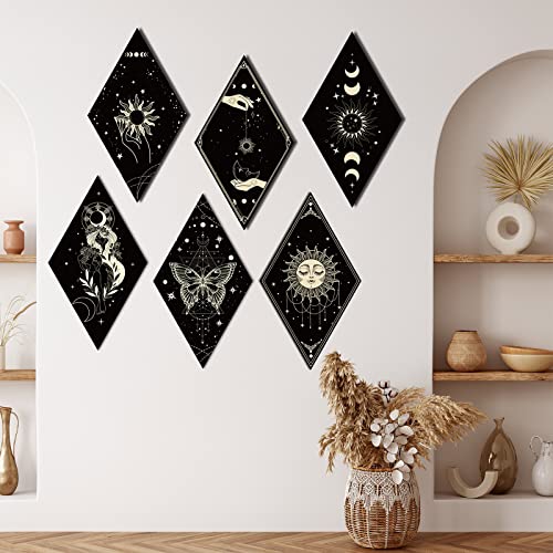 Sintuff 6 Pieces Gothic Wall Decor Boho Sun Moon Phases Wall Art Gothic Minimalist Stars Sun Hanging Wooden Home Decor Farmhouse Pediments for Gallery Living Bedroom Room(Boho) - style: Bohemian