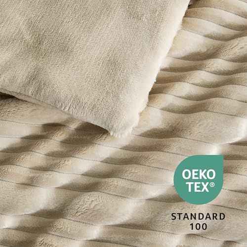 Amélie Home High-End Fleece Twin Comforter Set,Cozy Warm Striped Plush Bedding Set, 3 Pieces, 1 Cozy Comforter with 2 Pillowcases, Beige, 68"x90" - color: Striped Beige, size: Twin (68"x90")