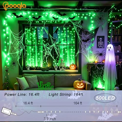 Pooqla 500 LED String Lights Indoor Outdoor, 164 ft Green Halloween Lights Plug in with Timer, Connectable 8 Modes Waterproof Clear Wire Twinkle Fairy Lights for Xmas Tree Christmas Decor - color: Green, size: 500LED